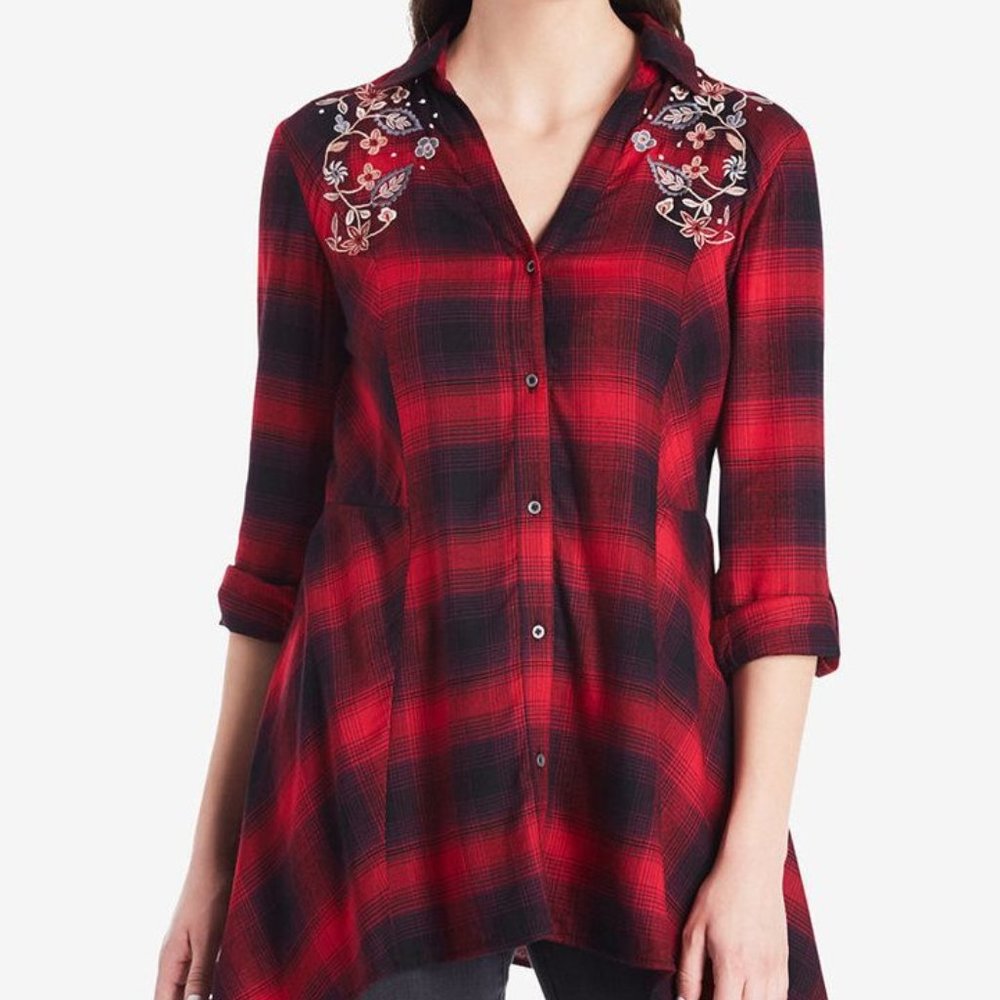 VINTAGE AMERICA BLUES Ries Embroidered Plaid Top